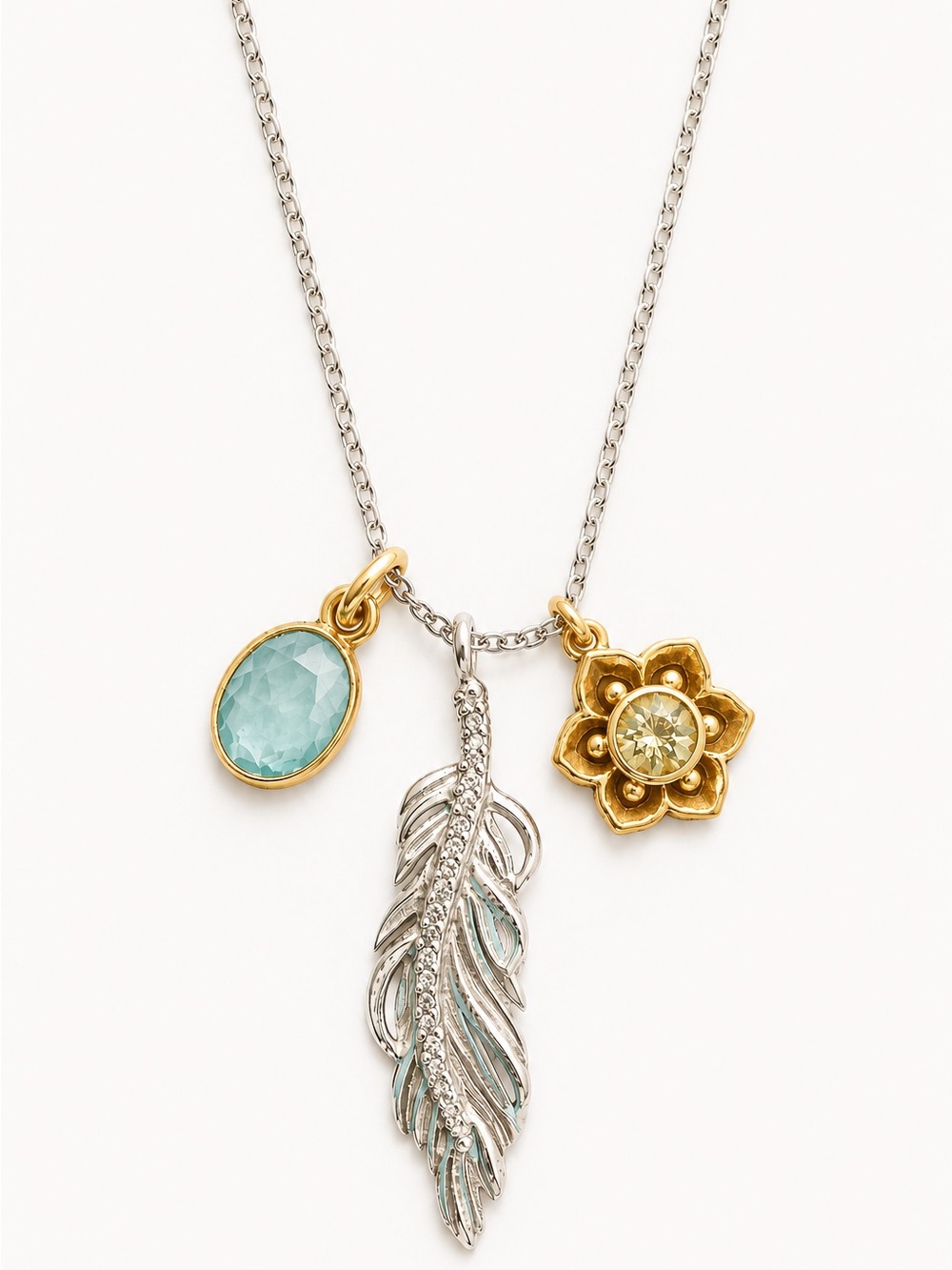 Stella & Dot Mixed Metal Feather Flower & Aqua Stone Charm Necklace
